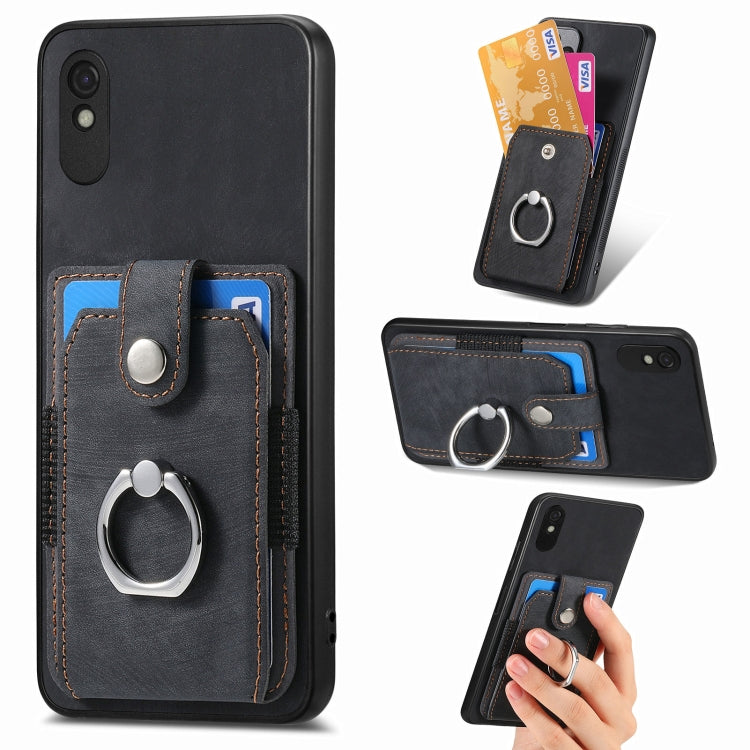 Black retro skin-feel phone wallet case with ring holder, card slots, and front flap