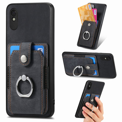 Black retro skin-feel phone wallet case with ring holder, card slots, and front flap