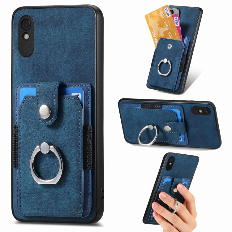 Blue retro phone wallet case with ring grip holder, card slots, and magnetic front flap