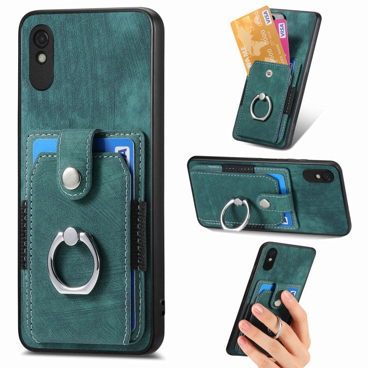 Teal retro skin-feel phone case with card holder and metal ring, front and hand view