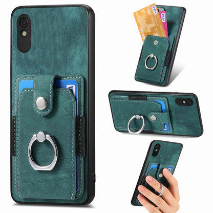 Teal retro skin-feel phone case with card holder and metal ring, front and hand view