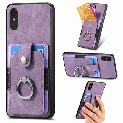 Purple leather-style wallet phone case with card slots and metal ring holder
