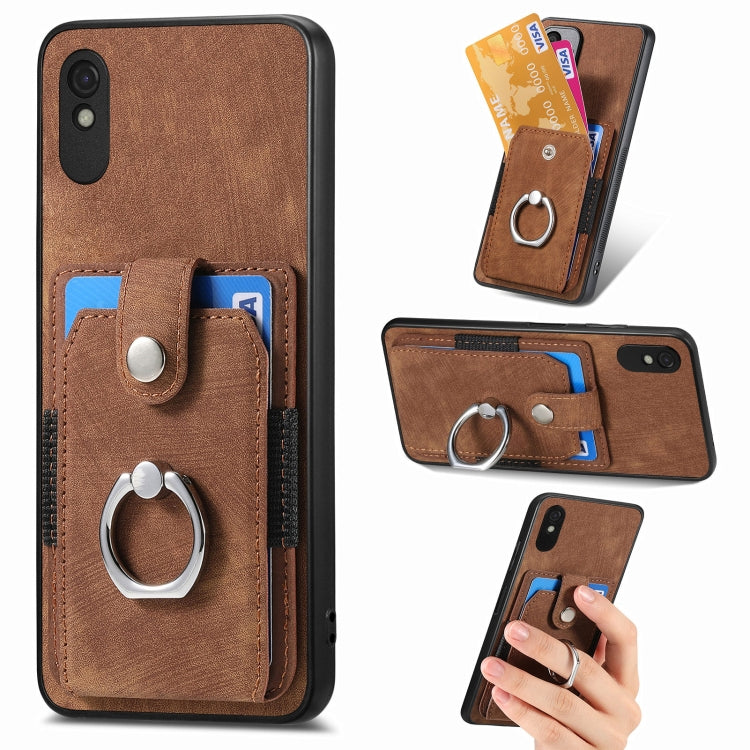 Brown leather-style wallet phone case with card slots and metal ring holder