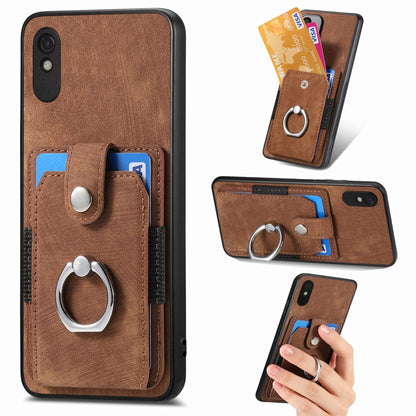 Brown leather-style wallet phone case with card slots and metal ring holder