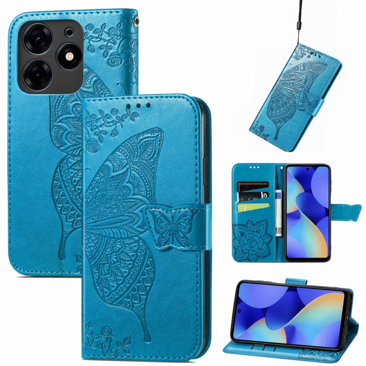 Blue embossed butterfly floral leather phone case with folio wallet cover and card slots