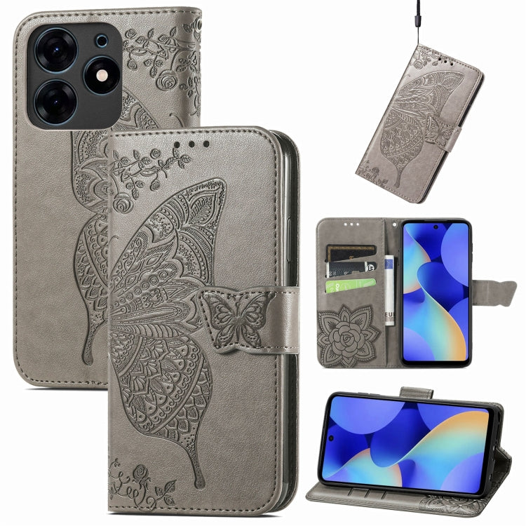 Gray embossed butterfly and flower leather folio phone case with card slots