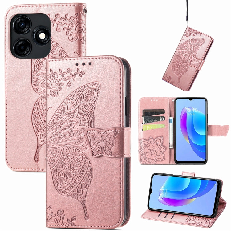 Rose gold butterfly floral embossed leather phone case with wallet flap and hand strap