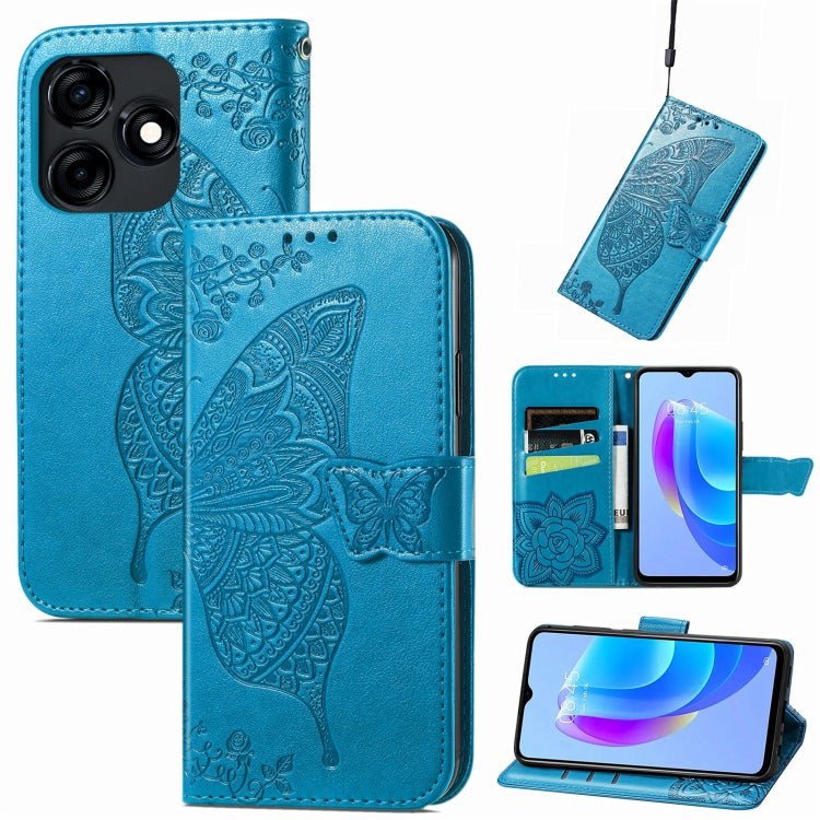 Blue embossed leather folio phone case with butterfly floral relief and magnetic closure
