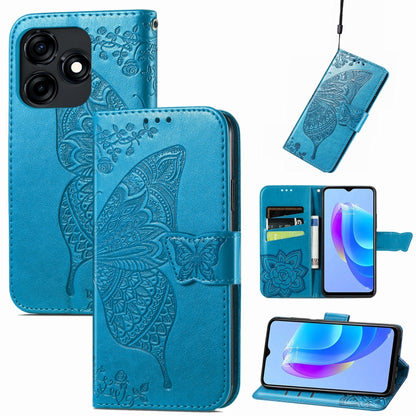Blue embossed leather folio phone case with butterfly floral relief and magnetic closure
