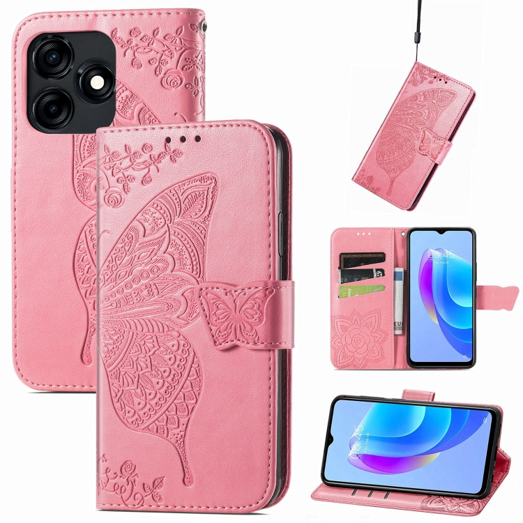 Pink embossed butterfly floral leather folio phone case with wallet flap and kickstand