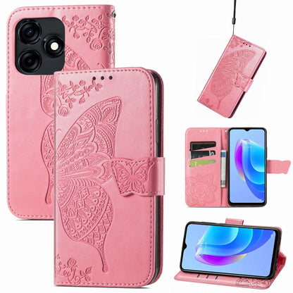 Pink embossed butterfly floral leather folio phone case with wallet flap and kickstand