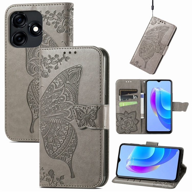 Light gray embossed butterfly and flower leather wallet phone case with card slots