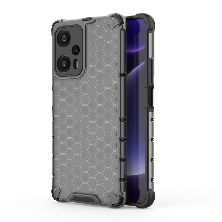 Honeycomb shockproof phone case in gray with black protective edge and cutouts