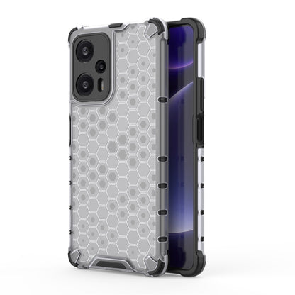 Honeycomb shockproof phone case in gray with black corners and raised bumper