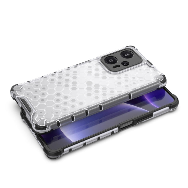 White honeycomb shockproof phone case with raised edges and camera cutout