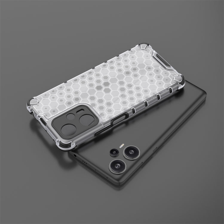 White honeycomb phone case with rugged bumper, camera openings, and port cutouts