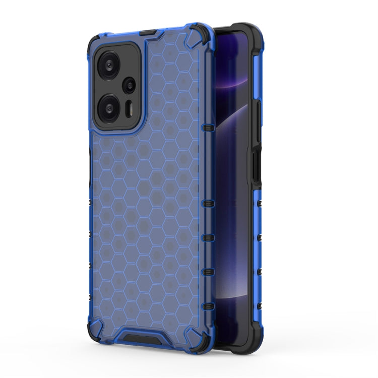 Honeycomb shockproof phone case in blue with black bumper and hex pattern back