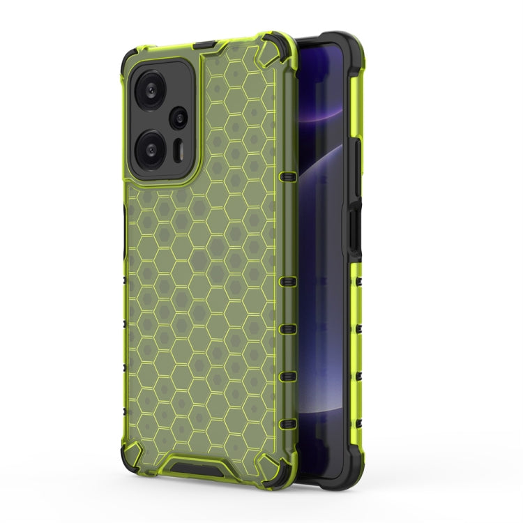Shockproof honeycomb phone case in neon green with hex pattern and raised bumper edges