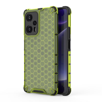 Shockproof honeycomb phone case in neon green with hex pattern and raised bumper edges