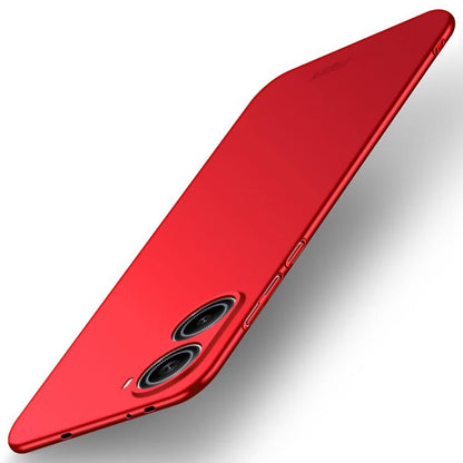 MOFI ultra-thin phone case, red; angled side view with camera ring and speaker holes