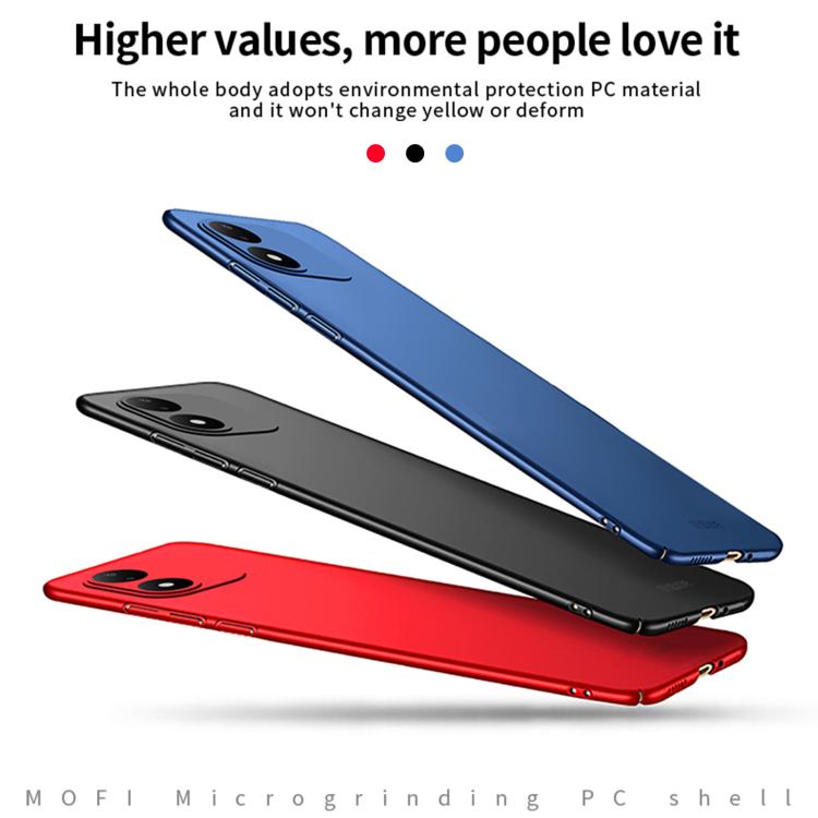MOFI micro-frosted PC phone case in blue, black, and red, slim profile