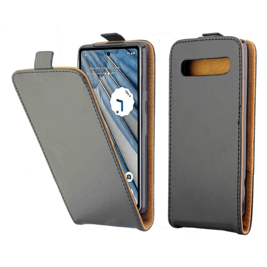 Vertical flip leather phone case for Pixel 7A with card slot, gray and tan