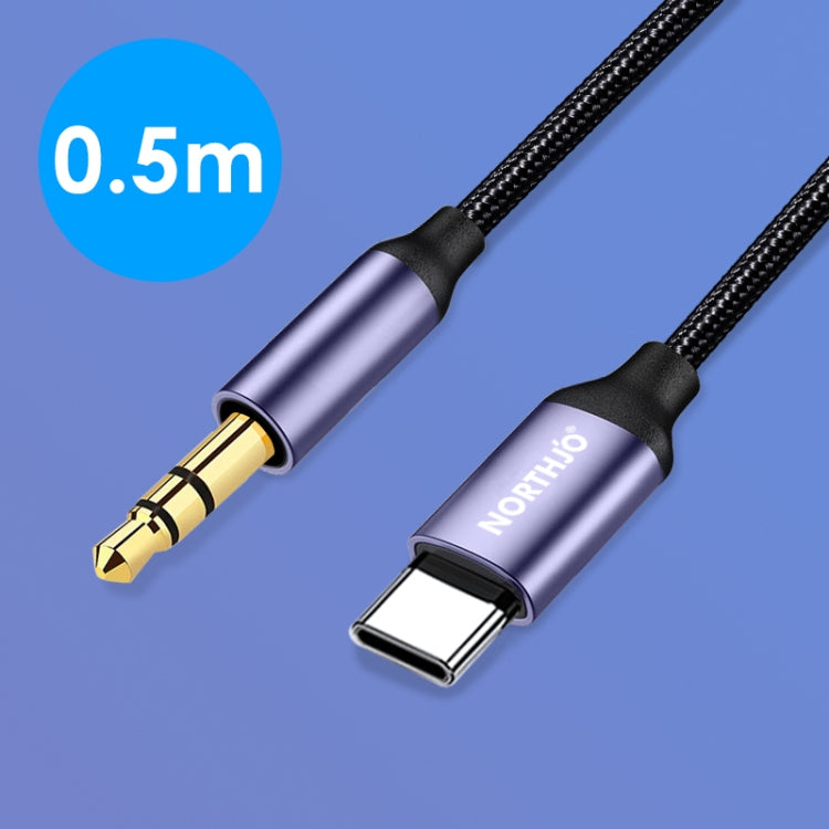 0.5 m USB-C to 3.5mm audio aux cable with braided black-and-blue finish