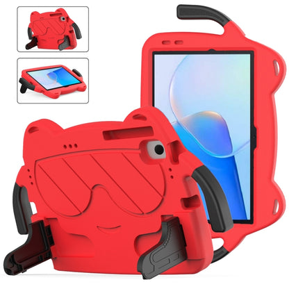 Red kids tablet case with dinosaur design, front kickstand and screen cutout