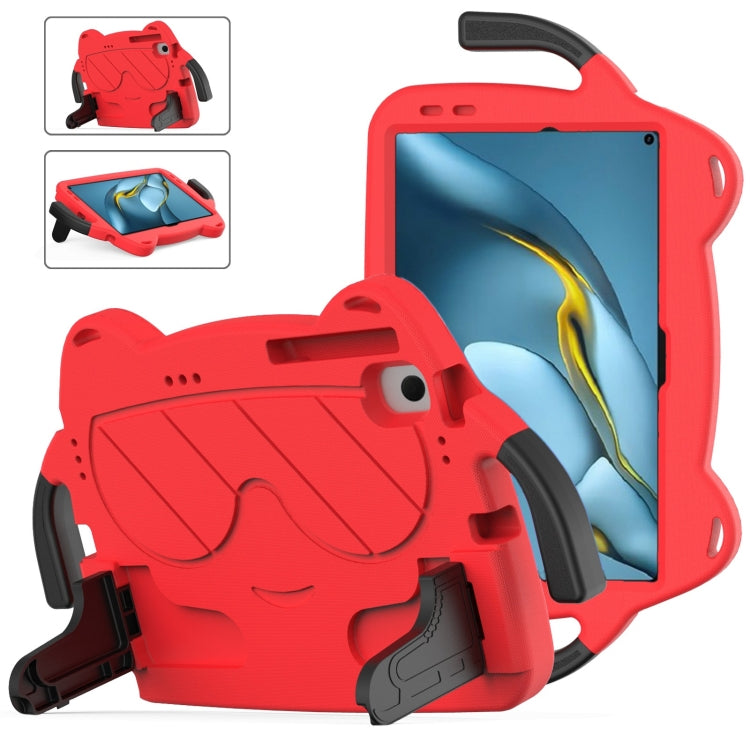 Red and black shockproof tablet case with built-in handle and kickstand