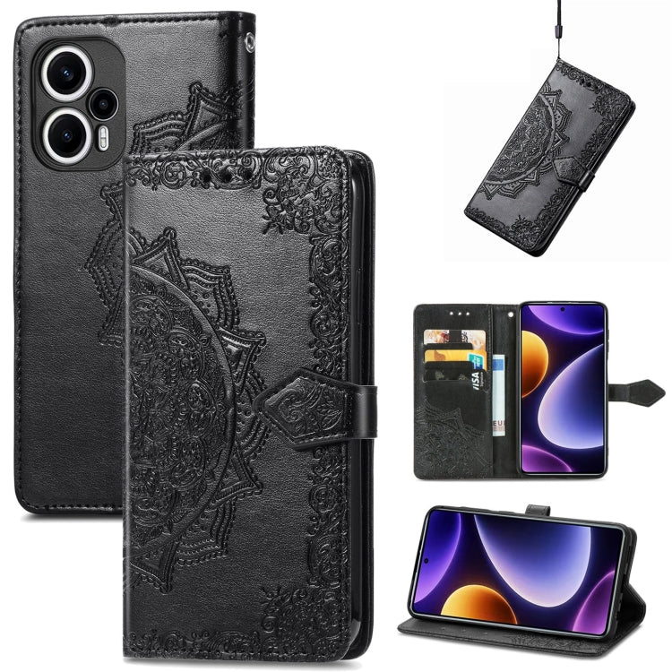 Embossed leather phone case with mandala pattern, dark gray folio and strap