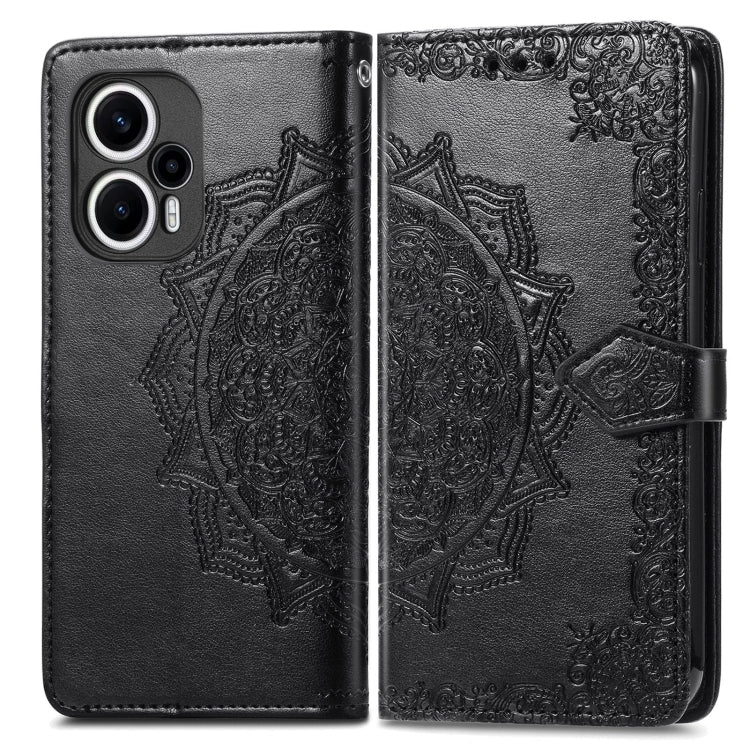 Embossed leather phone case with mandala pattern, black folio with side strap