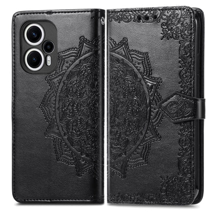 Embossed leather phone case with mandala pattern, black folio with side strap