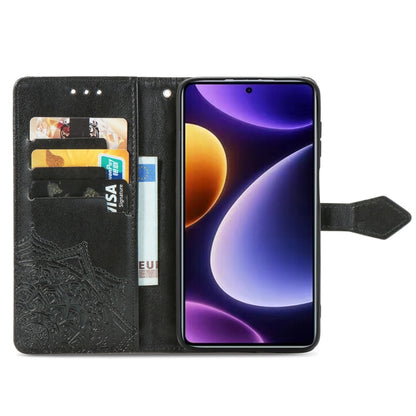 Embossed leather phone case with mandala pattern, black folio with card slots