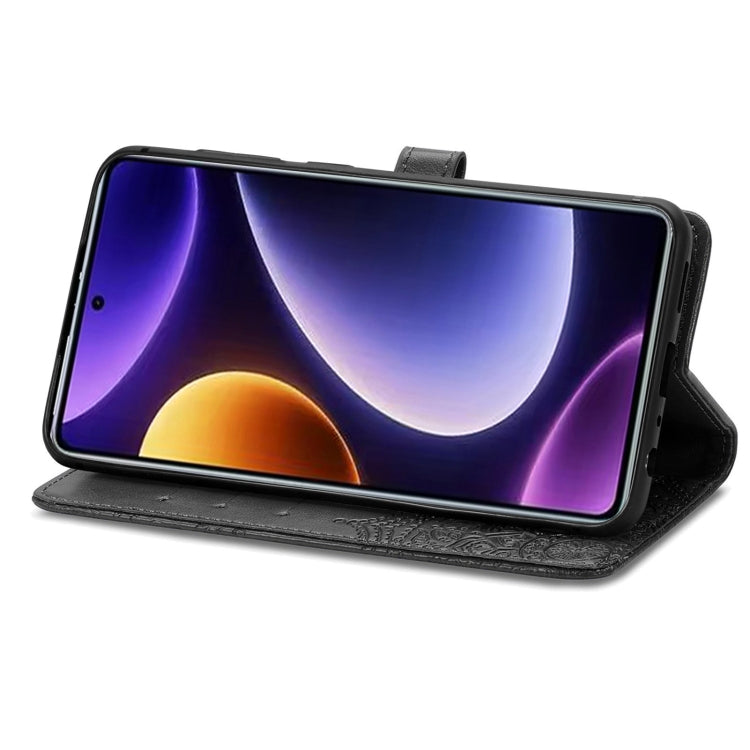 Embossed leather phone case with mandala pattern, black folio stand