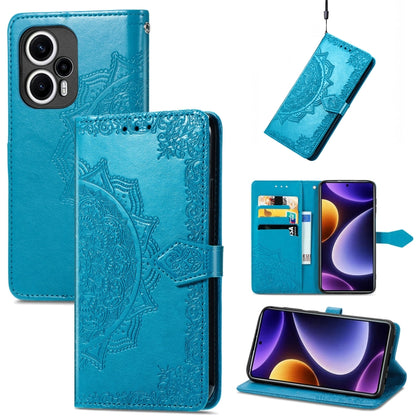 Embossed leather phone case with mandala pattern, blue folio with side strap