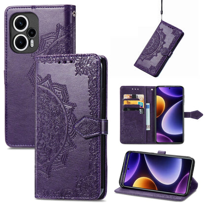 Embossed leather phone case with mandala pattern, purple folio with side strap