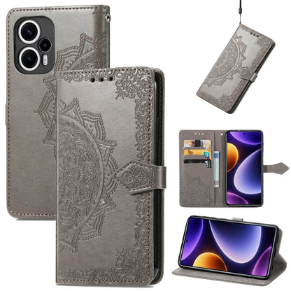 Embossed leather phone case with mandala pattern, gray folio with side strap