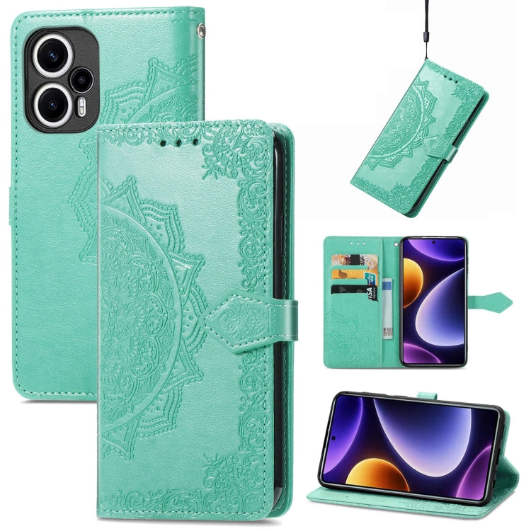 Embossed leather phone case with mandala pattern, teal folio with side strap