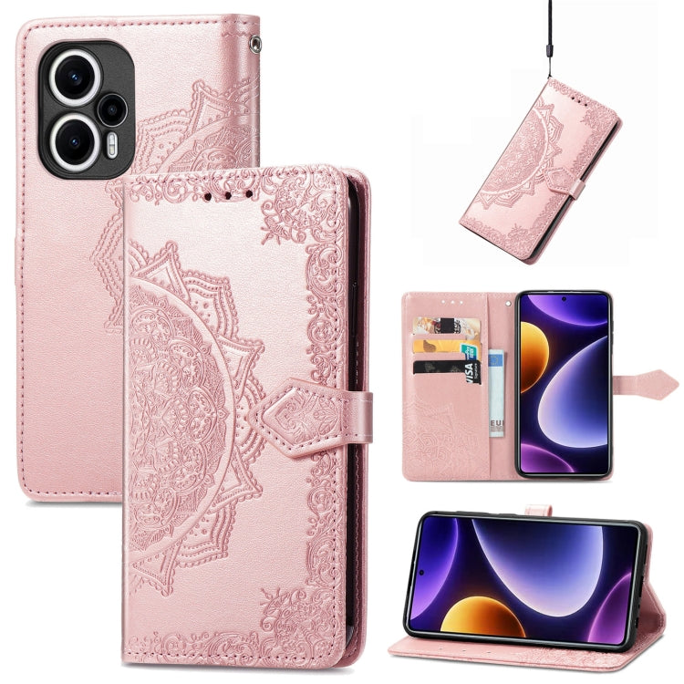 Embossed leather phone case with mandala pattern, rose pink folio with side strap
