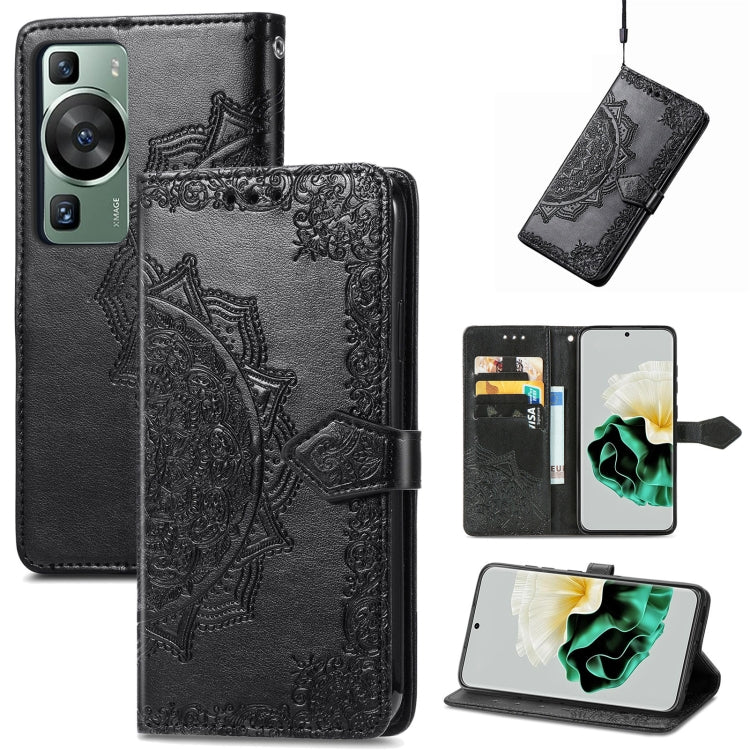 Black mandala-embossed leather phone case with folio cover and card slots