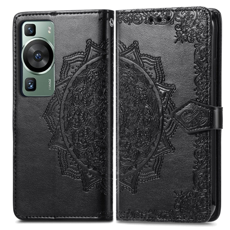 Black mandala-embossed leather folio phone case with magnetic strap