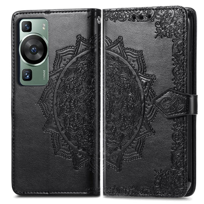 Black mandala-embossed leather folio phone case with magnetic strap