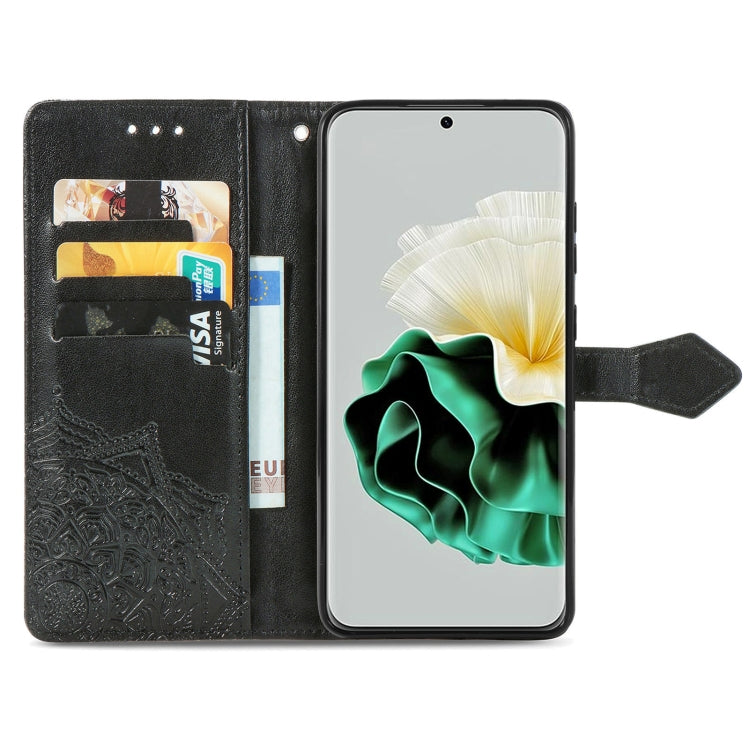 Black mandala-embossed leather folio phone case with wallet card slots