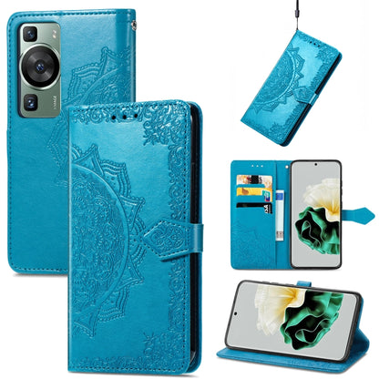 Blue mandala-embossed leather phone case with magnetic folio and card slots