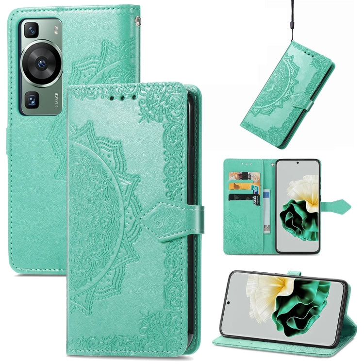 Mint green mandala-embossed leather phone case with magnetic folio and card slots