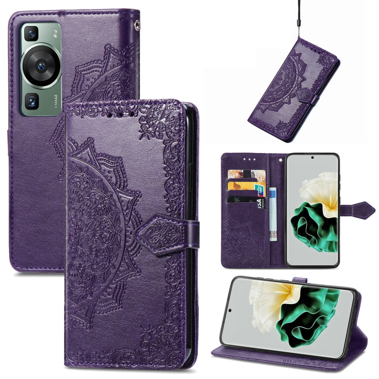 Purple mandala-embossed leather phone case with magnetic folio and card slots