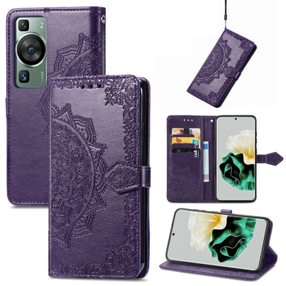 Purple mandala-embossed leather phone case with magnetic folio and card slots