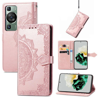 Rose pink mandala-embossed leather phone case with magnetic folio and card slots
