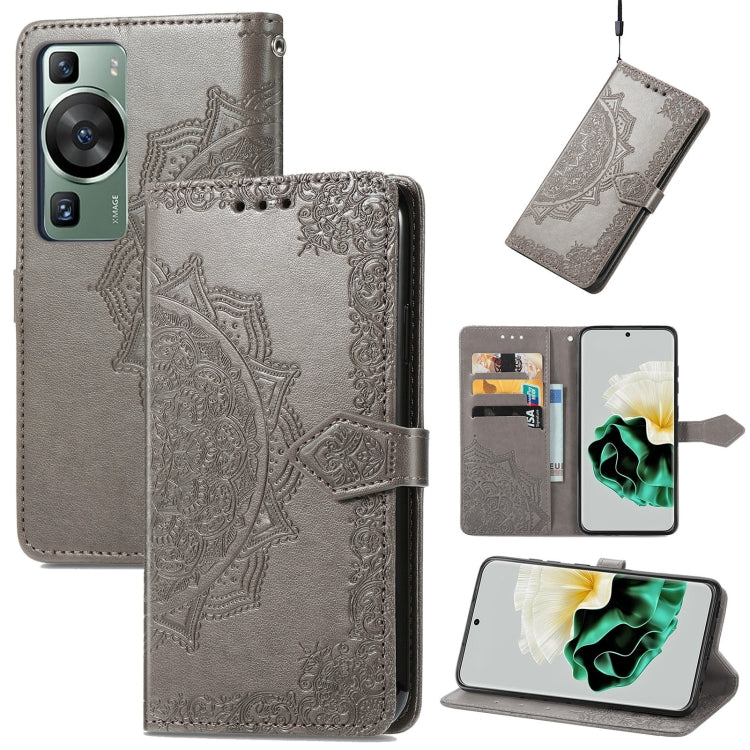 Gray mandala-embossed leather phone case with magnetic folio and card slots