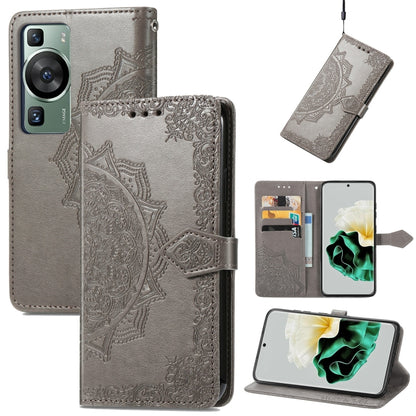Gray mandala-embossed leather phone case with magnetic folio and card slots